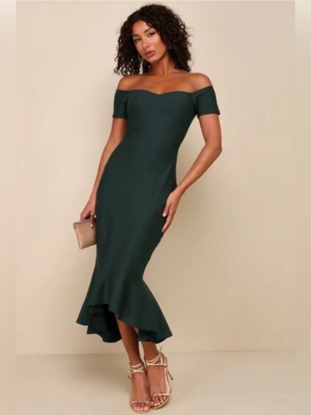 Lulus Off-Shoulder Mermaid Midi Dress in Dark Green